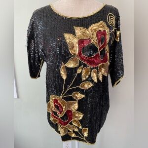 VINTAGE 80’S JEAN FOR JOSEPH LE BON SEQUIN FLORAL BLOUSE SMALL BLACK GOLD RED